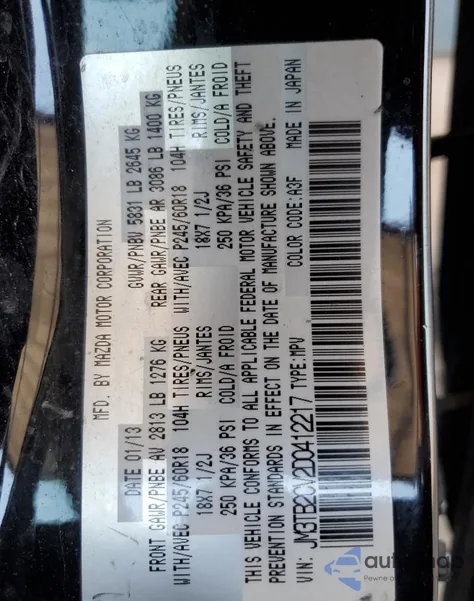 2013 Mazda Cx-9 Touring from USA, damaged, VIN JM3TB2CV2D0412217